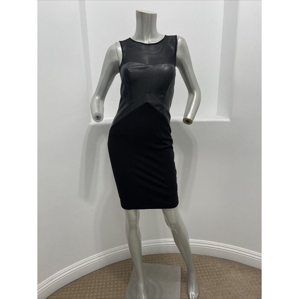 Aidan Mattox Sleeveless Black Ponte Faux Leather Combo Dress Sheer Accent Size 0